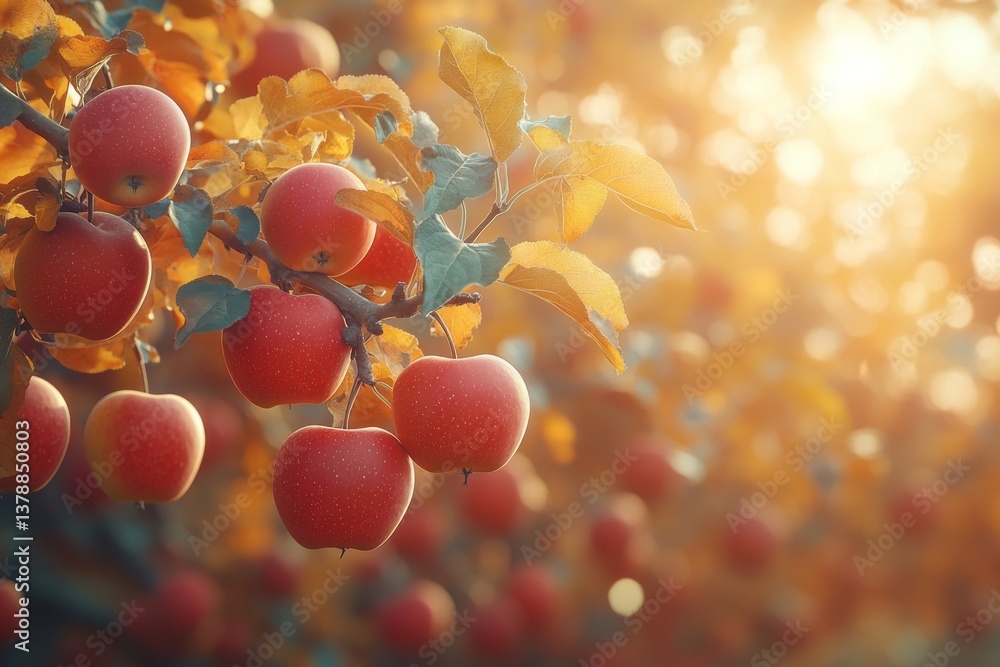 Poster ripening apples hang from branches in a vibrant orchard during autumn, illuminated by warm evening s