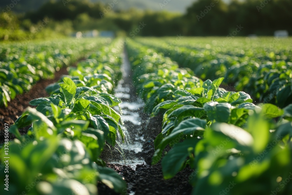 Poster automated irrigation system efficiently delivers water to vibrant rows of crops in a green field at 