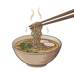 A steaming bowl of comforting ramen noodles being lifted with chopsticks, a culinary delight with rich broth, delicate narutomaki, and fresh green onions, shown in a warm hand-drawn style.