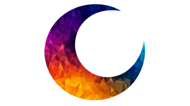 Colorful crescent moon design featuring geometric shapes and gradients
