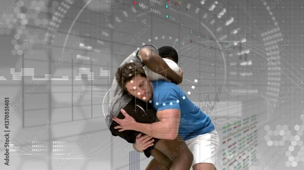 Poster wrestling athletes with data processing animation overlay in dynamic scene