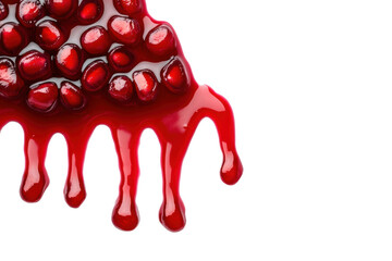 Dripping pomegranate seeds with juicy red drops on black background, cut out