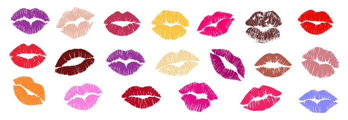 Set of Lipstick kiss prints. Red, pink, purple, wine, magenta lips. Different shapes female sexy lips. Lips makeup. Female mouth. Imprint of lips kiss illustrations isolated