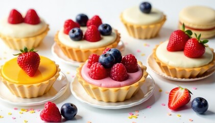 Assorted pastries, fruit tarts, macarons on white backdrop , food photography, delicious, confectionery