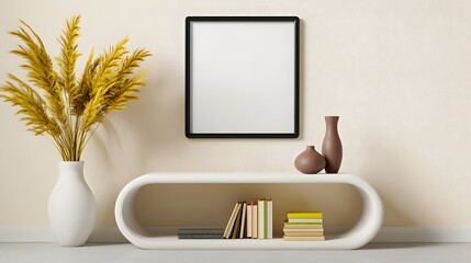 Minimalist Interior Design Featuring A White Shelf, Decorative Vases And A Potted Plant With Wall Art