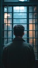 Man looking out window, urban scene, dark coat, barred view