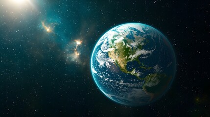 Earth Seen From Space with Detailed Landmasses and Clouds in a Vibrant Cosmic Background