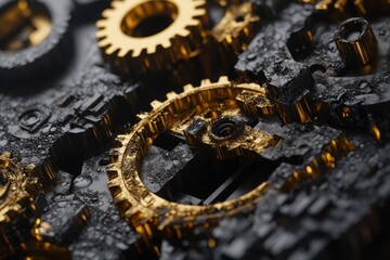 A closeup photo showcasing a collection of intricately designed gold and black gears interlocked in a complex mechanical system .
