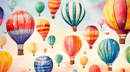 Obraz premium A colorful painting of many hot air balloons in the sky