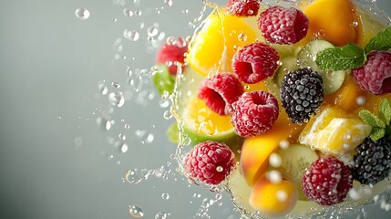 Vibrant Assortment of Fresh Fruits and Berries Splashing in Water Against a Gray Background