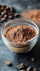Cocoa powder in glass bowl, coffee beans, dark background