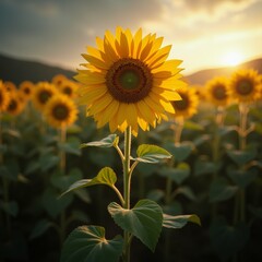 Obraz premium close sunflower middle field sunflower center its bright yellow petals dark center petals arranged circular pattern center being largest outer edges being smallest flower surrounded green leaves