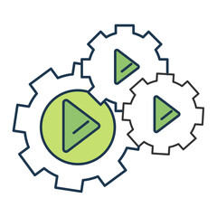 Play in Gears Icon representing media process automation, workflow optimization, and content settings.