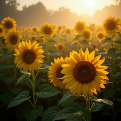 Obraz premium photograph field sunflowers sunrise sun shining brightly background creating warm glow illuminates field flowers full bloom bright yellow petals dark brown centers leaves green appear healthy well