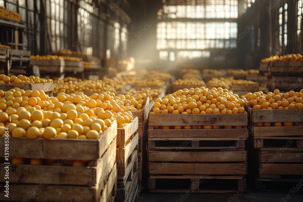 Poster bright crates filled with vibrant oranges fill an industrial storage facility illuminated by soft af