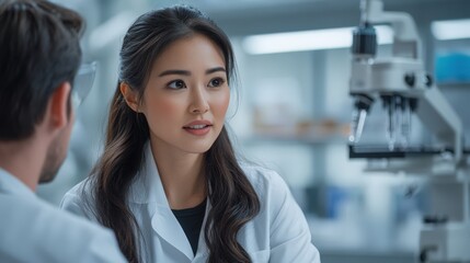 Fototapeta premium Young Asian Scientist Woman in Lab Coat Discussing Research Project with Colleague