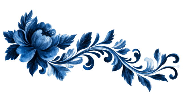 Floral design with intricate blue patterns on transparent background
