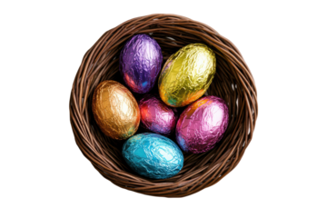 Colorful foil-wrapped easter eggs in woven basket, cut out