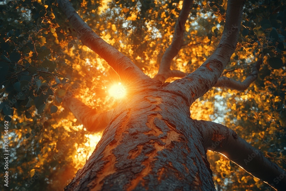 Poster golden sunlight filters through the leaves of a eucalyptus tree in australia, creating a warm glow a