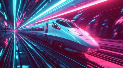 Fototapeta premium Futuristic high-speed train arrives at neon-lit urban station during nighttime