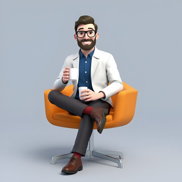 3D Social Expert Sociologist. A male sociologist is sitting on a chair while carrying a cup and glass. Male
