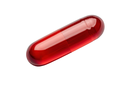 Single red capsule pill on black background, cut out