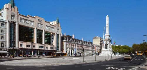 Lisbon, Portugal. Restauradores Square. Eden Hotel, Foz Palace, Monumento aos Restauradores Monument and Avenida da Liberdade Avenue.