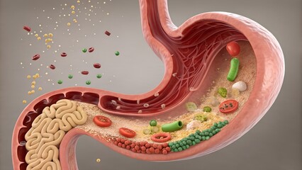 
This biological illustration shows a detailed cross-section of the human stomach actively involved in digestion