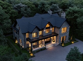 Aerial view of a luxury home with a stone exterior, black roof, and illuminated windows at dusk.