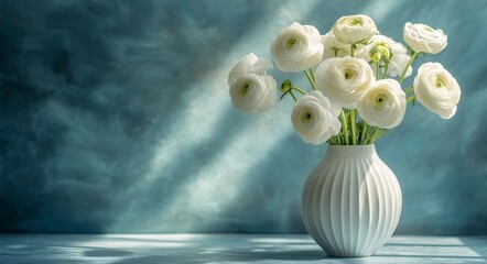 Obraz premium Elegant White Ranunculus Flowers in a Textured Vase Against a Serene Blue Background