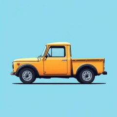 Classic yellow pickup truck parked against a bright blue background showcasing timeless design and charm
