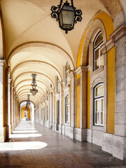 Lisbon, Portugal. 18th Century Colonnade or Arcades in Praca do Comercio Square aka Terreiro do Paco. Neo-Classical Architecture.