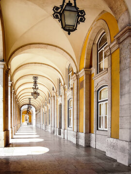 Lisbon, Portugal. 18th Century Colonnade or Arcades in Praca do Comercio Square aka Terreiro do Paco. Neo-Classical Architecture.