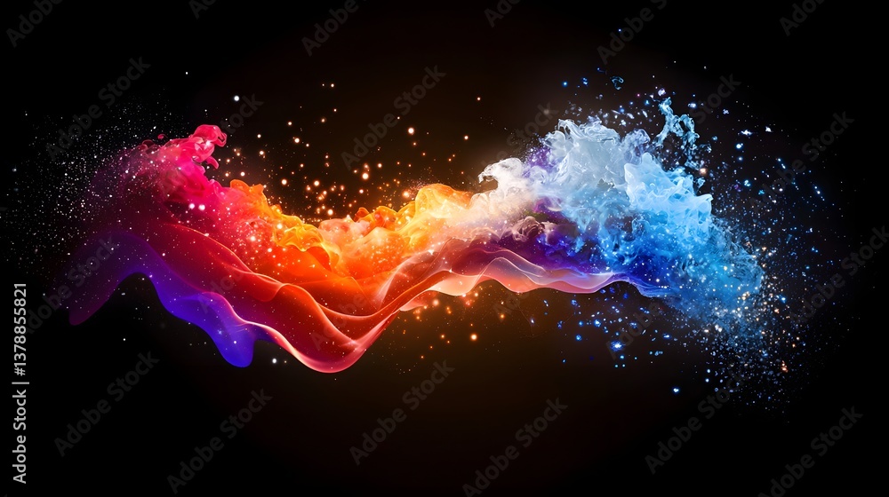 Wall mural vivid abstract fluid motion with colorful waves and splashes of light on dark background