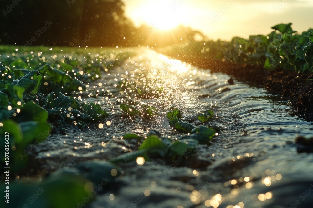 Poster automated irrigation waters crops in a lush field as the sun sets, creating a captivating view with 