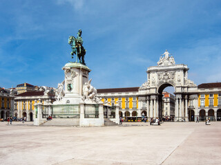Lisbon, Portugal. Iconic Rua Augusta Street Triumphal Arch and King D. Jose Statue in Praca do Comercio Square or Terreiro do Paco.