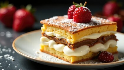 Classic Italian dessert, layers of coffee-soaked ladyfingers and mascarpone cream , confectionery, high-angle shot