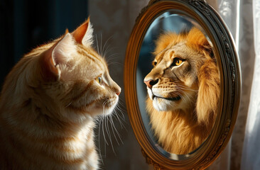 kitten looking in a mirror and seeing a lion