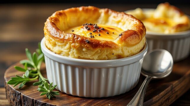  a golden-brown cheese souffl&eacute;, rising majestically in a classic, fluted ramekin.