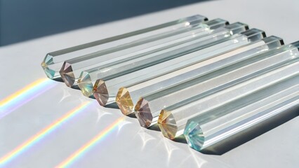 
Several clear, hexagonal glass or crystal prisms are neatly arranged in a parallel row on a bright white surface. Sunlight streams across them