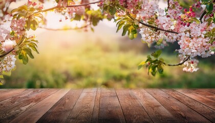 a wooden table is surrounded by flowers and leaves under a tree