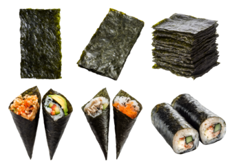 Collection of Maki and Temaki hand roll wrapped sushi with, set of nori seaweed sheet, tuna salmon sashimi roe avocado on transparent cutout PNG. Mockup template for design artwork

