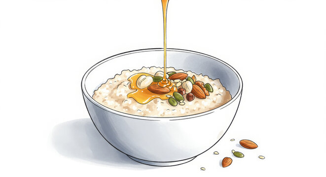 Sketch illustration of oatmeal porridge with honey and nuts in a white plate on a white background in a minimalist style. A detoxification program with a proper breakfast. 