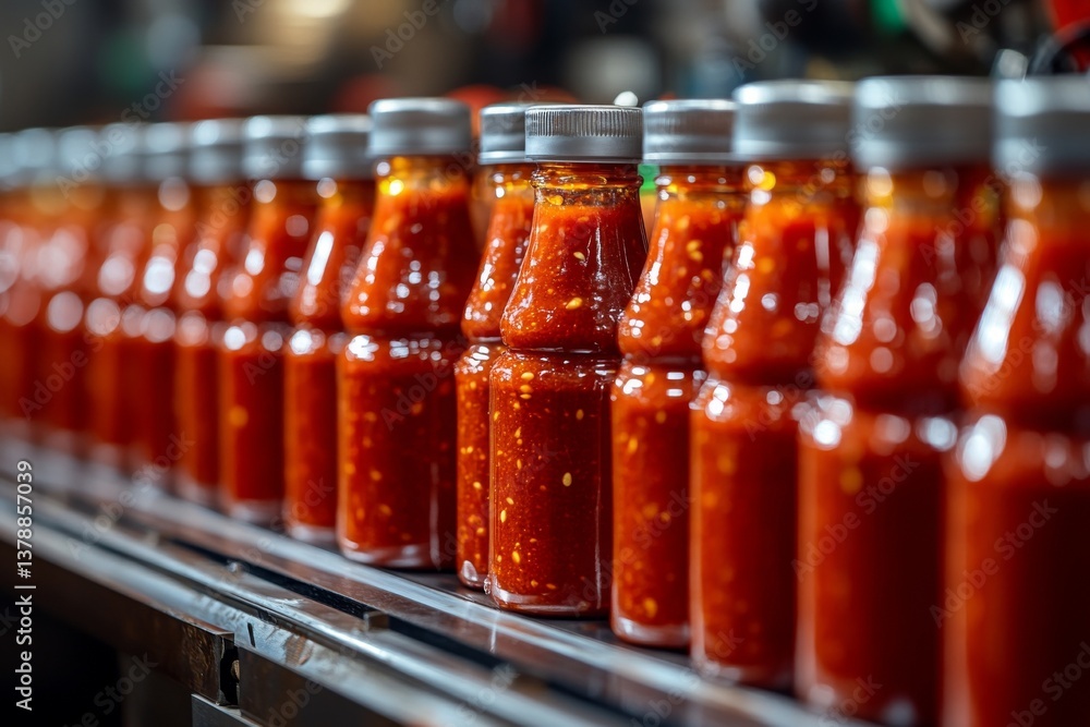 Poster bottles filled with vibrant tomato sauce are transported down the production line in a processing fa