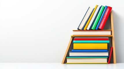 Neatly arranged stack of books on a leaning bookshelf with realistic high-quality isolated background for use