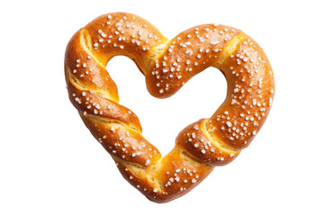 Heart-shaped pretzel with salt crystals on black background, cut out