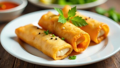 Crispy spring rolls, sesame seeds, garnish, white plate, vegetable, white background