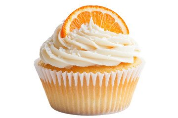 Vanilla cupcake with orange slice on black background, cut out