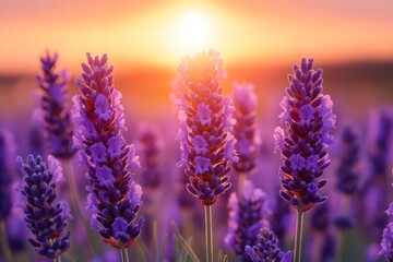Obraz premium Lavender flowers bloom vibrantly under the warm glow of a sunset, filling the farm with vibrant colors and soothing aromas, capturing nature's beauty Generative AI