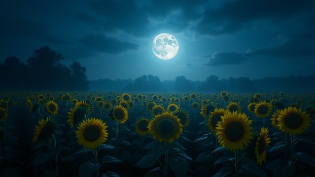 beautiful landscape sunflower field night sky dark cloudy full moon visible background sunflowers bright yellow dark brown centers arranged neat rows field surrounded trees hills creating peaceful